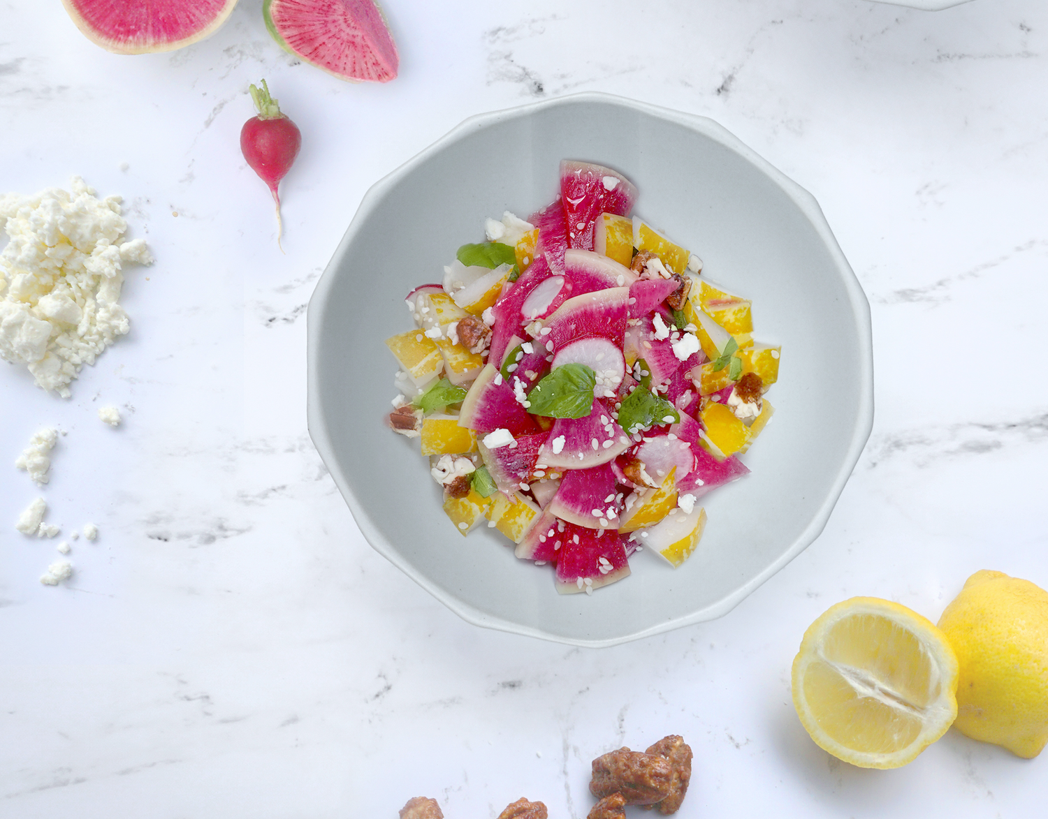 Watermelon Radish and Cucumber Salad with Homemade Raspberry Dressing