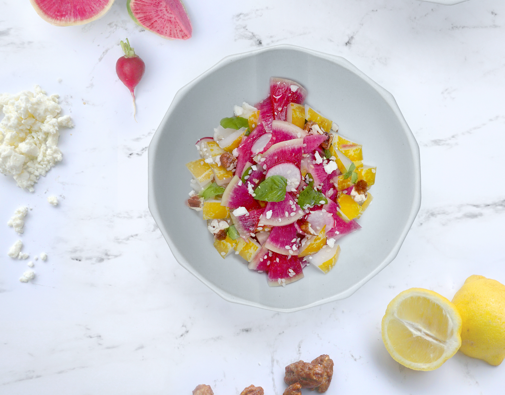 Watermelon Radish and Cucumber Salad with Homemade Raspberry Dressing